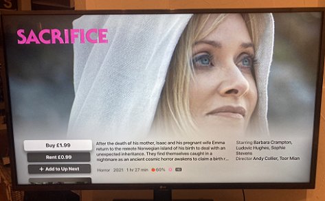 TV menu showing sale purchase information for Sacrifice the movie