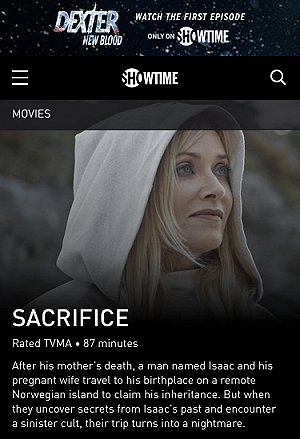 Screenshot: Showtime advert for Sacrifice movie, featuring Barbara Crampton