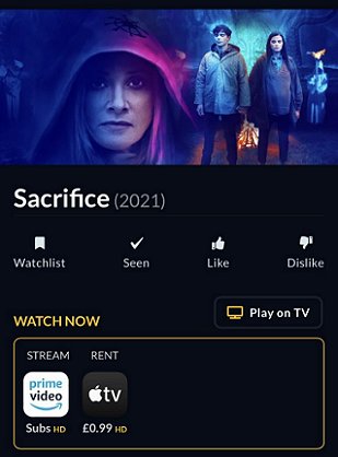 Screenshot of JustWatch intry for Sacrifice movie