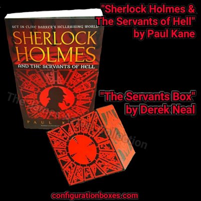 Advert showing a copy of Sherlock Holmes and the Servants of Hell by Paul Kane, in front of a red 'Servants' box designed by Derek Neal