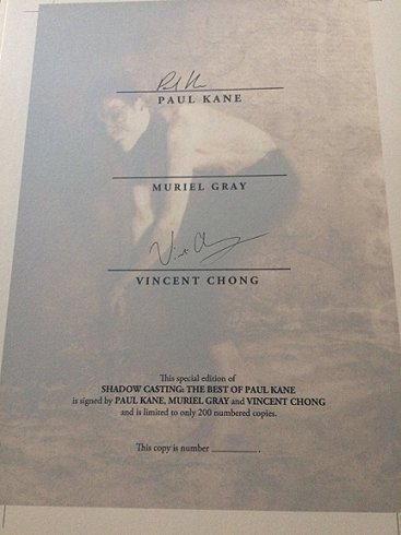 Signing sheets for ShadowCasting by Paul Kane, signed by Paul, Muriel Gray and Vincent Chong