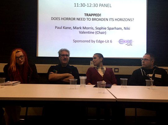 Sledge Horror Panel. L to R: Sophie Sparham, Paul Kane, Niki Valentine and Mark Morris
