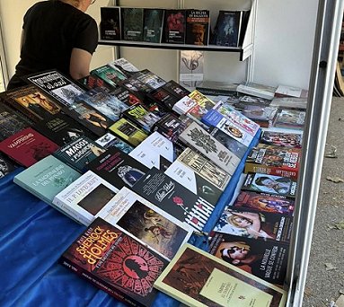 Table showing a display of books, including the Spanish edition of Sherlock Holmes and the Servants of Hell by Paul Kane