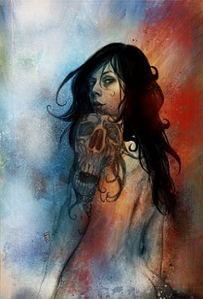 Artwork by Erik Wilson, featuring a naked woman with a skull tattoo on her shoulder