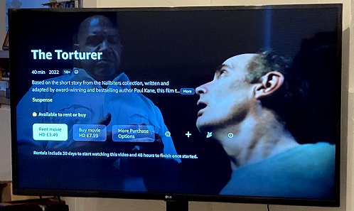 TV screen showing the menu for The Torturer movie