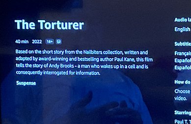 TV screen showing the information screen for the Torturer movie