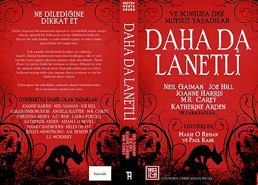 wraparound book cover for the Turkish edition of Twice Cursed, edited by Marie O'Regan and Paul Kane