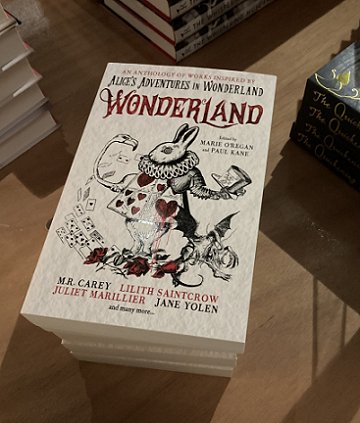 Display showing copies of Wonderland, edited by Marie O'Regan and Paul Kane, for sale at the UK Ghost Story Festival