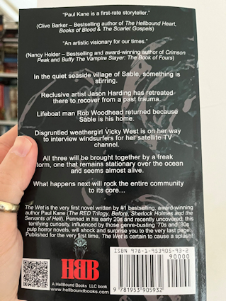 photograph of a man's hand holding up a copy of The Wet by Paul Kane, showing the back cover