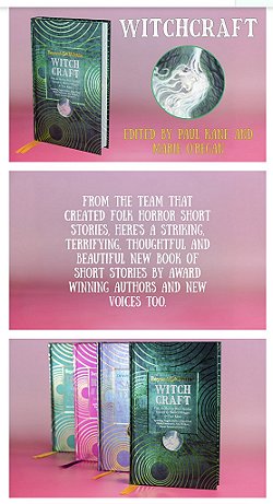 series of three banner images. Top - A copy of Beyond and Within Witchcraft, edited by Marie O'Regan and Paul Kane, against a pink background. Text reads WITCHCRAFT, edited by Paul Kane and Marie O'Regan. Middle image shows a pink background, with the following text: From the team that created folk horror short stories, here's a striking, terrifying, thoughtful and beautiful new book of shrot stories by award winning authors and new voices too. Bottom image shows four Beyond and Within books in varying colours - light green at the back, then pink in front of that, and purple in front of that, with Beyond and Within Witchcraft, edited by Marie O'Regan and Paul Kane, at the front