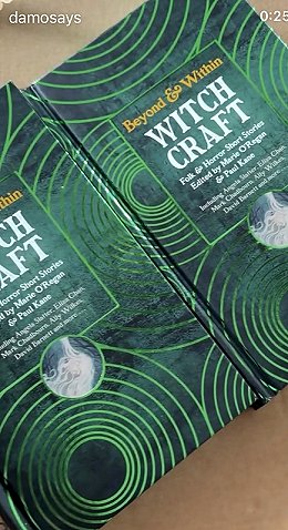 screenshot from @damosays. Image shows two copies of Beyond and Within Witchcraft, edited by Marie O'Regan and Paul Kane, lying beside each otehr on a wooden surface