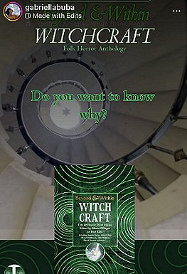 screenshot from @gabriellabuba. Image shows a copy of Beyond and Within Witchcraft, edited by Marie O'Regan and Paul Kane, superimposed over a spiral staircase. Text reads: Do you want to know why?