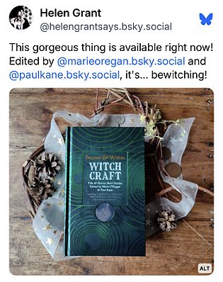 screenshot from @helengrantsays.bsky.social. Image shows a copy of Beyond and Within Witchcraft, edited by Marie O'Regan and Paul Kane, on top of a basked of pinecones and white ribbon with gold stars, on a wooden surface. Text reads: This gorgeous thing is available right now! Edited by @marieoregan.bsky.social and @paulkane.bsky.social, it's... bewitching!