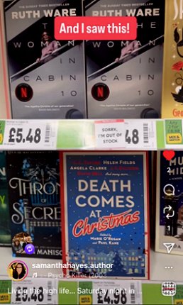 screenshot showing a copy of Death Comes at Christmas, edited by Marie O'Regan and Paul Kane, on a bookshelf at Asda. Price below reads 4.98. Text at top reads: And I saw this!