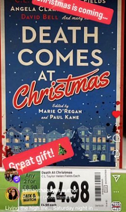 screenshot showing a copy of Death Comes at Christmas, edited by Marie O'Regan and Paul Kane, price below reads 4.98. Text at top reads 'Christmas is coming..' at bottom it reads: 'Great gift! with a Christmas tree emoji'