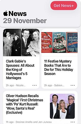 screenshot from Apple News. Headline reads 11 Festive Mystery Books That Are to Die For This Holiday Season. Images at the top show three book covers. L to R: Miss Winter in the Library with a Knife, by Martin Edwards, The Most Wonderful Crime of the Year by Ally Carter, and Death Comes at Christmas, edited by Marei O'Regan and Paul Kane