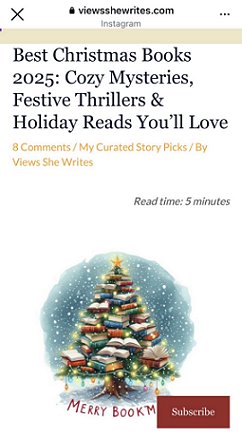 screenshot from viewsshewrites.com. Title: Best Christmas Books 2025: Cozy Mysteries, Festive Thrillers & Holiday Reads You'll Love. At the bottom is a picture of a Christmas tree made of books fetooned with lights. Text at the bottom reads Merry Bookmas