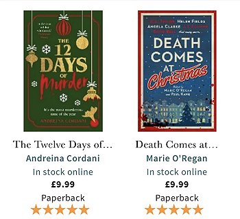 screenshot showing The Welve Days of Merduer by Andreina Cordani on the left, and Death Comes at Christmas, edited by Marie O'Regan and Paul Kane, on the right, against a white background. Both have five-star ratings and cost 9.99