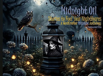 image showing a lantern with a picture at its centre of a witch in a dark outfit and hat, against a background of a garden lit by tiny lanterns. An owl looks down from a branch to the left. Text in the top right reads: Midnight Oil. Stories to Fuel Your Nightmares. A Wordcrafter Midnight Antholgoy.