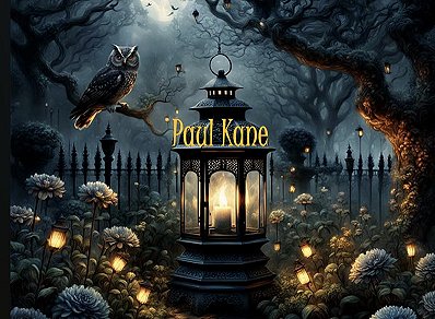 banner image showing a nighttime garden lit by tiny lanterns. An owl looks down from a high branch on the lft to a lantern lit and standing in the centre of the image. Text over the lantern reads Paul Kane
