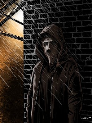 page of internal art from Men of the Cloth by Paul Kane. Image shows someone in a hoodie with what looks like a cloth face, sheltering from the rain against a brick wall