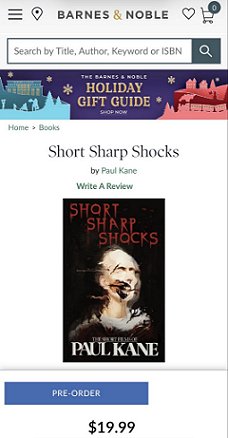 screenshot from Barnes and Noble showing a copy of Short Sharp Shocks by Paul Kane available for pre-order