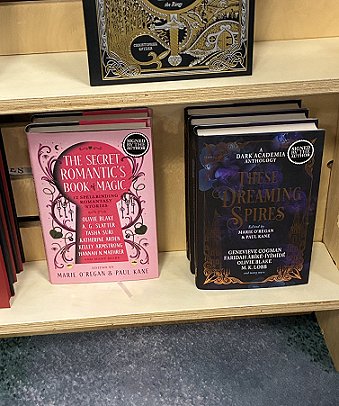 photograph showing copies of The Secret Romantic's Book of Magic and These Dreaming Spires, both edited by Marie O'Regan and Paul Kane, standing beside each other on bookshelves